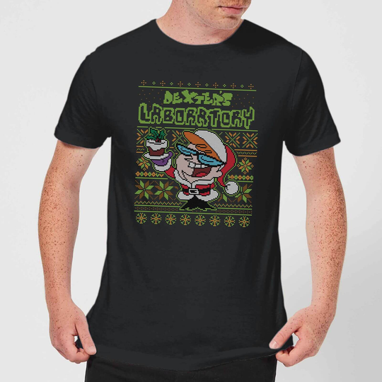 Dexter's Lab Pattern Men's Christmas T-Shirt - Black - XS