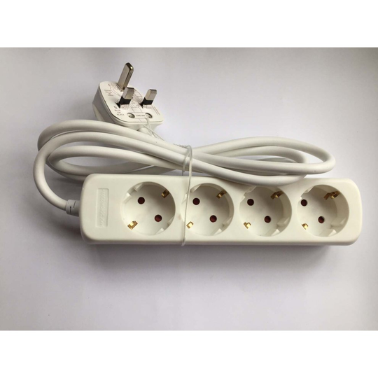 UK Euro Travel Adapter Adaptor 1.5 metre Extension Lead 4 Way Type E/F Schuko Sockets with Type G UK plug