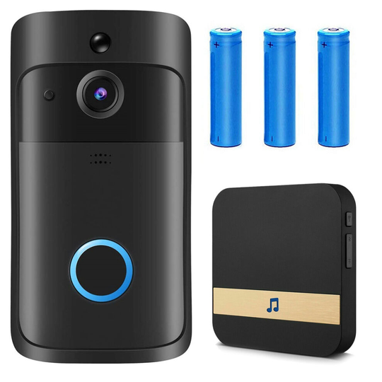 (Full Black Doorbell+Ring Chime+3x2600mAh Batteries) Smart Phone Wireless WiFi Video Doorbell Wireless