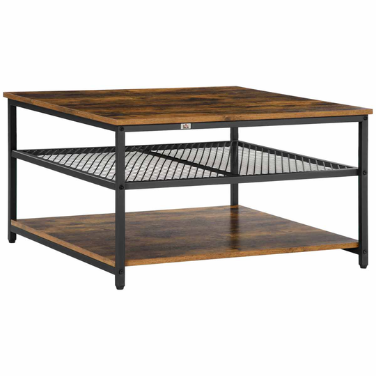 HOMCOM Industrial Coffee Table With 3-tier Storage Shelves Rustic Brown