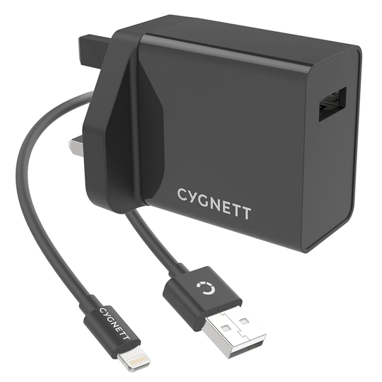 Cygnett PowerPlus 12W Charger + Lightning to USB-A Cable - UK Black