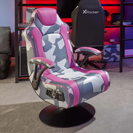 X Rocker Geo Camo 2.1 Stereo Audio Gaming Chair With Vibration - Grey And Pink