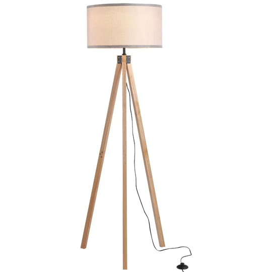 HOMCOM Wood Tripod Floor Lamp Home Lighting Elegant E27 Bulb Linen Shade Grey