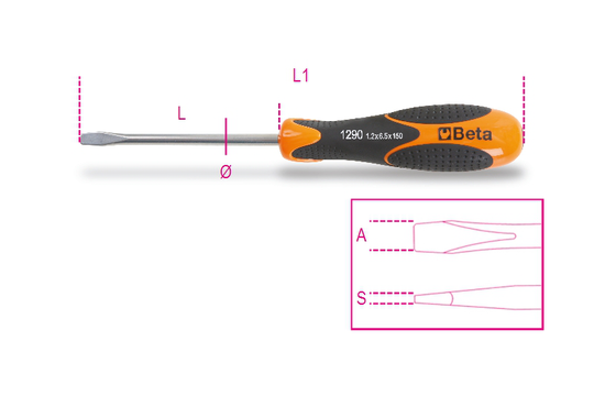 Beta Tools 1290INOX 3X75 INOX Stainless Steel Slotted Screwdriver 3 x 75mm