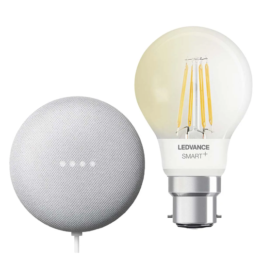 Google Nest Mini and Ledvance Smart+ Bluetooth B22D Filament Bulb Bundle