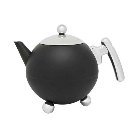 Bredemeijer Teapot Double Wall Bella Ronde Design 1.2L In Matt Black With Chrome Fittings
