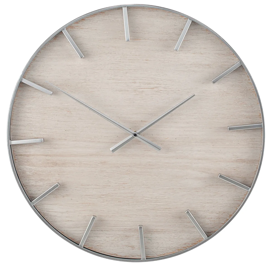 Celestial Silver Metal and White Wash Wood Round Wall Clock
