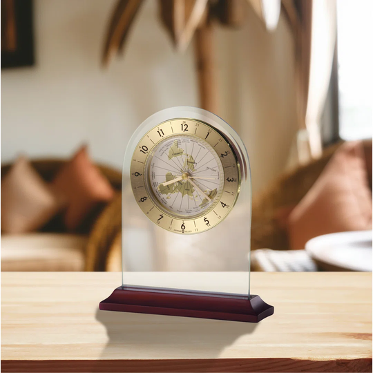 World Time Traditional Analog Wood Quartz Alarm Tabletop Clock in Clear