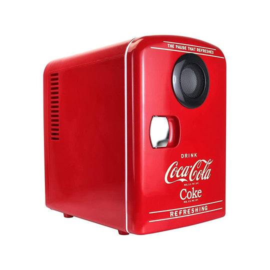 CocaCola 12V Portable Thermoelectric Mini Fridge with Bluetooth Speaker, for home, dorm, car, boat, beverages, snacks, skincare, cosmetics, medication