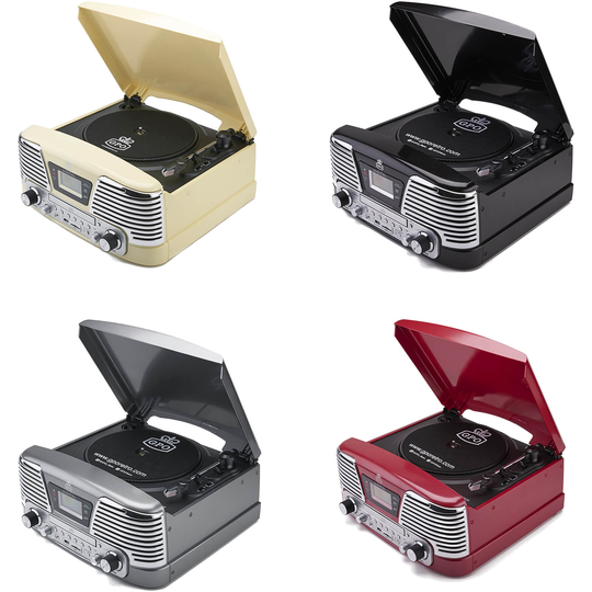 GPO Retro Memphis Turntable 4-in-1 Music System with Built in CD and FM Radio - Silver