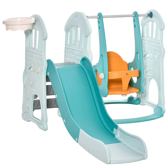 Jouet 3-in-1 Kids Slide & Swing Set with Basketball Hoop - Blue/Orange