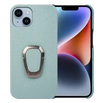 iPhone 14 Leather Coated Case with Ring Holder - Cyan