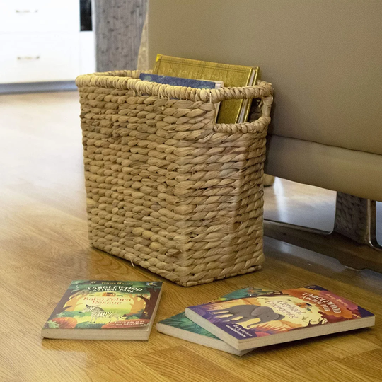 Decorative Farmhouse Wicker Magazine Holder And Organizer Bin With Handle, Water Hyacinth Woven Standing Rack Basket For Magazines, Books, Newspapers,