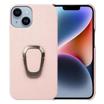 iPhone 14 Leather Coated Case with Ring Holder - Pink