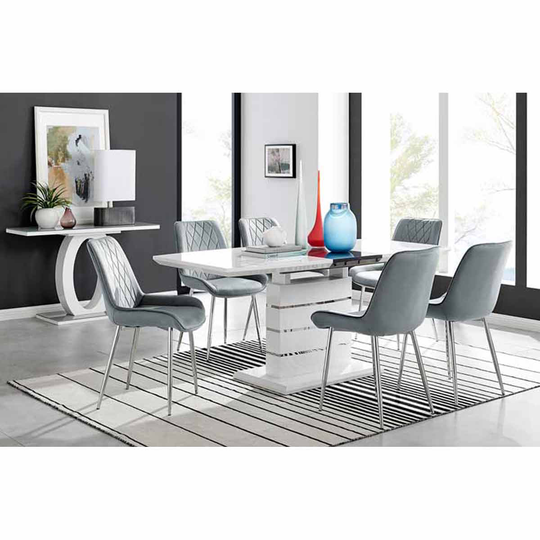 Furniture Box Renato High Gloss Extending Dining Table and 6 x Grey Pesaro Silver Leg Chairs