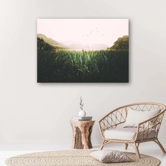 Canvas Print Grass Birds Mountain Green