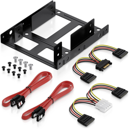 deleyCON Mounting Frame Set for 2x 2.5" hard drives / SSD's for 3.5" housing slot - including screws, 2 SATA cables & 2 power adapters