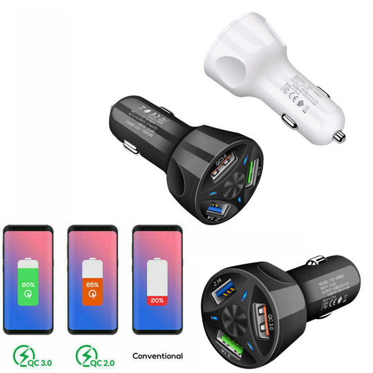 (Black) QC 3.0 Fast Charging 3-Port USB Car Charger Adapter LED Display for Cellphone