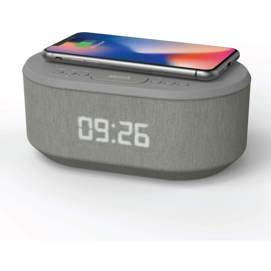 Bedside Wireless Charging Non Ticking Radio Alarm Clock with Dimmable LED Display - Mains Powered Dual Alarm Clock with USB Charger and Bluetooth