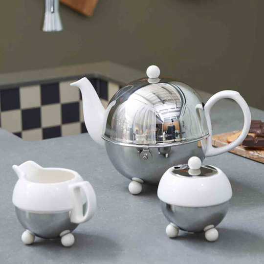 Bredemeijer Teapot Cosy Design Stoneware Cream White Body 1.3L With Polished Steel Casing