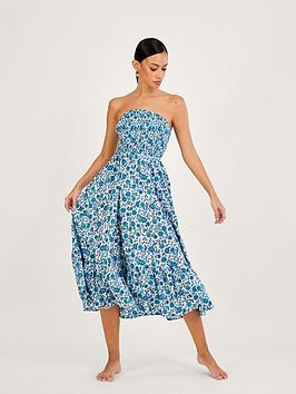 Monsoon Floral Print Bandeau Dress, Blue, Size S, Women