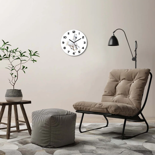 Glass Wall Clock 30Cm Round Decoration Picture Wall Art Modern Decoration Kitchen Living Room Silent - White Arabian Horse,99028092