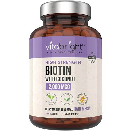 Biotin Hair Growth Supplement 12,000mcg - 365 High Strength Biotin Tablets for Hair - 1 Year Supply - Vegan Friendly Biotin Coconut Oil Supp