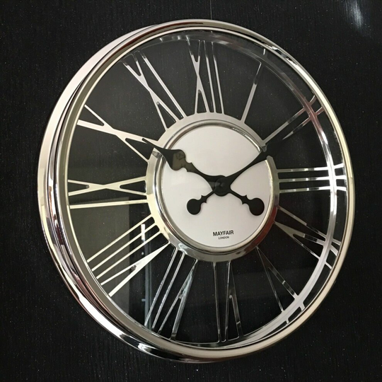 MAYFAIR LONDON 40CM ROUND WALL CLOCK CLEAR GLASS CHROME FRAME ROMAN WALL CLOCK