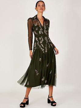 Monsoon Gina Sustainable Emb Shirt Dress, Green, Size 8, Women