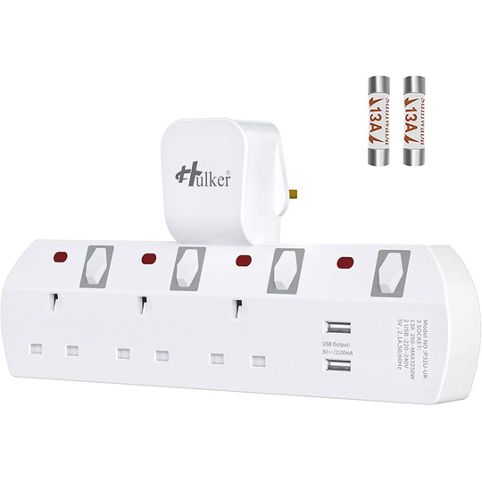 Hulker Plug Extension, Multi Plug Extension Sockets with USB, Multi Socket plug, Wall Plug Adapter, UK Plug Switched Socket 3 Way with 2 USB, Turn 1