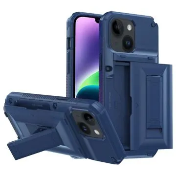 Card Storage iPhone 14 Plus Hybrid Case with Stand - Blue