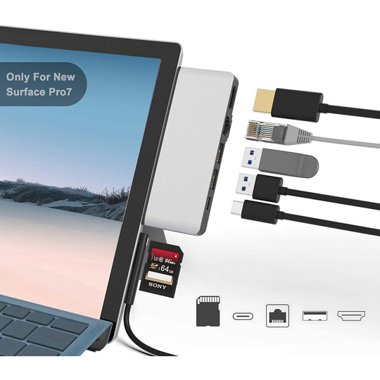 Surface Pro 7 Docking Station, 6 in 1 Surface Pro 7 4K HDMI Adapter with 100M Ethernet LAN, USB C Audio & Data Port, USB 3.0 * 2, SD Card Reader Conve
