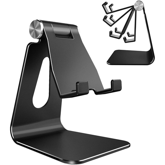 (Black) Adjustable Cell Phone Stand, Phone Stand, Cradle, Dock, Holder, Aluminum Desktop Stand Compatible