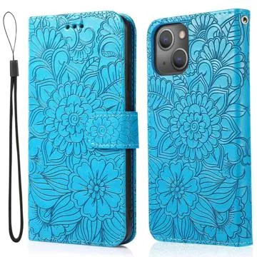 Flowers iPhone 14 Plus Wallet Case - Blue