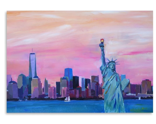 Manhattan Skyline with Downtown Skyline and Statue of Liberty by M Bleichner - Unframed Painting Print on Paper