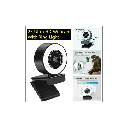 2K HD Autofocus USB 2.0 Webcam With LED Ring Light 360 Adjustable For PC/Laptop
