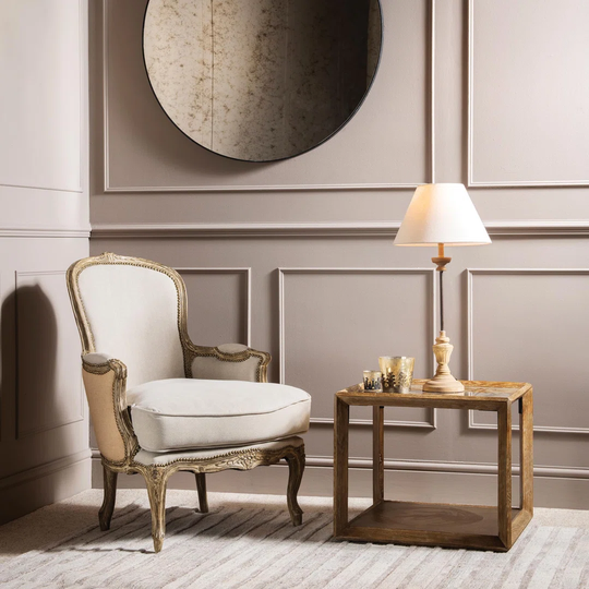 Oak And Brass Side Table With Antiqued Mirror Top