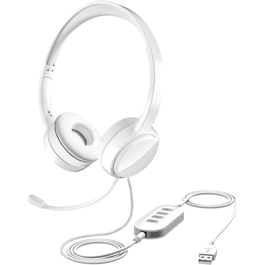 (White) USB Wired Headset Noise Reduction Headphone for Computer PS4 Laptop Tablet