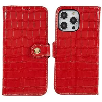 iPhone 14 Pro Max Wallet Leather Case - Crocodile - Red