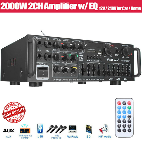 2000W Bluetooth Amplifier Audio Power Stereo HIFI AMP Home Car USB FM