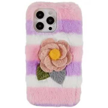 3D Plush Furry Winter iPhone 14 Pro Max TPU Case - Pink Rose