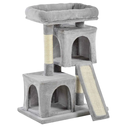 PawHut Two Hut Cat Activity Centre - Light Grey