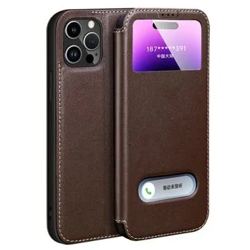 Dual View iPhone 14 Pro Flip Leather Case - Brown