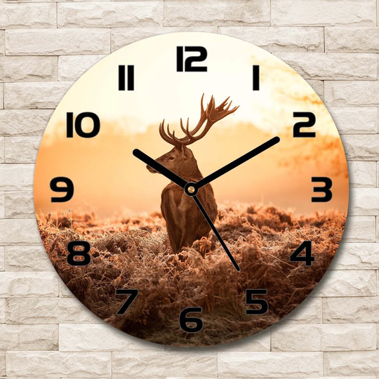 Glass Wall Clock 30Cm Round Decoration Picture Wall Art Modern Decoration Kitchen Living Room Silent - Deer Sunrise,65543404