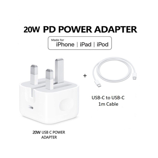 20W USB-C Adapter Wall Plug with 1m USB C to USB C Fast Charging Cable Both ends