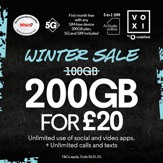 VOXI 200GB 30 Day Pay As You Go SIM Card - £20 included