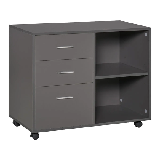 HOMCOM Freestanding Storage Cabinet With 3 Drawers 2 Shelves 4 Wheels Office Grey