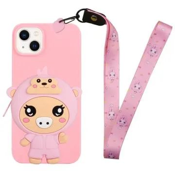 Cartoon Design iPhone 14 TPU Case with Zipper Pocket - Pig