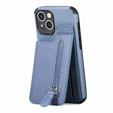 iPhone 14 Case with Zipper Pocket & Stand - Carbon Fiber - Blue