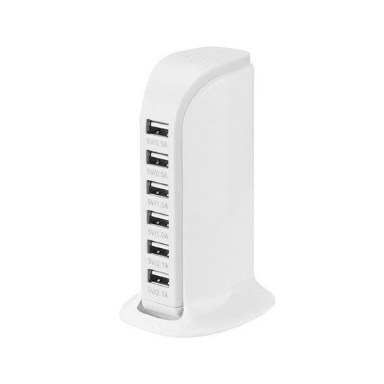 (White) Multi 6 USB Ports Desktop Charger Tower Charging Dock Station Power Adapter